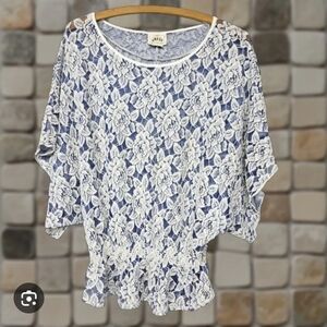Ariat Blue White Lace Dolman Sleeve Elastic Ruffle Waist Blouse
